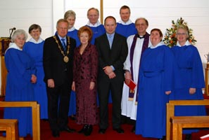 Pictured with the church choir at a Lenten Service in St Mark’s, Ballymacash, are, left to right: Councillor Trevor Lunn MLA, Mayor of Lisburn; Mrs Laureen Lunn; Timothy Howe, organist and the Rev Canon George Irwin, rector. Photo John Kelly.